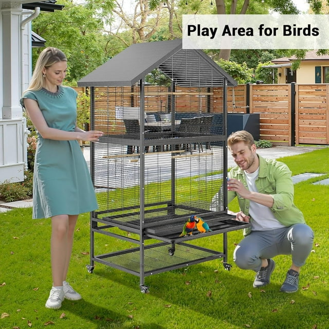 Royalbelle 65.7 Inch Large Black Bird Cage for Parrots, Rolling Flight Cage with Shelf