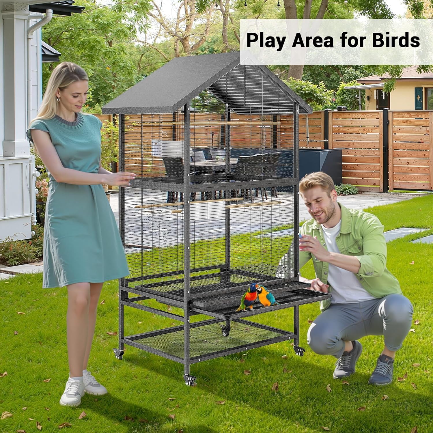Geetinfly Large Bird Cage,65.7 Inch Extra Wide Rolling Parakeet Cage for Parrots & Parakeets,Flight Cage with 4 Metal Feeders Wood Perches & Storage Shelf Use for Breeders,Black