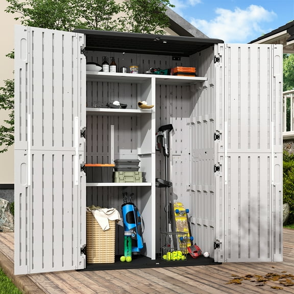 Cloudwell Outdoor Storage Shed with Metal Shelving Kit & Floor , 64 Cu.Ft Vertical Waterproof Resin Storage Cabinet for Garage Storage, Pool Storage, Bike Shed, Garden Tools, Patio Furniture, White