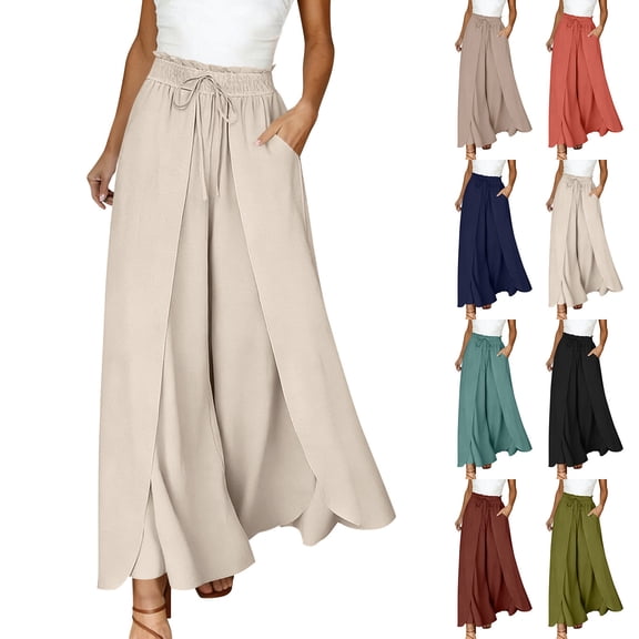 Hrsba Wide Leg Pants for Women Solid Color Elastic Waist Side Slit with Pockets Beach Style Summer Trousers