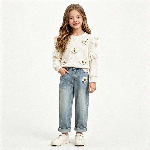 xaweyi Little Girls Ruffle Decor Long‑Sleeve Top & Denim‑Look Pants 2‑Piece Casual Outfit Set for Fall Daily Wear Size 9-12 Months