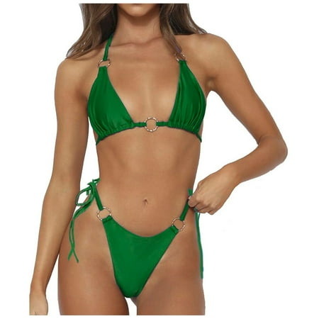 Womens 2 Piece Swimsuits Solid Spaghetti Strap Brassiere with Thongs Split Bikinis Green Womens Bathing Suits XS