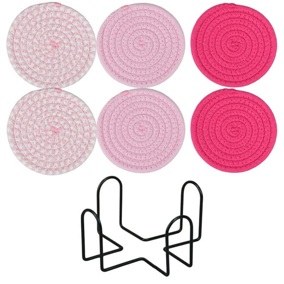 Cotton Woven Round NonSlip Table Insulation Coasters Set of 6 with Holder, Heat and Liquid Resistant for Kitchen Countertops, Easy to Clean and GiftReady