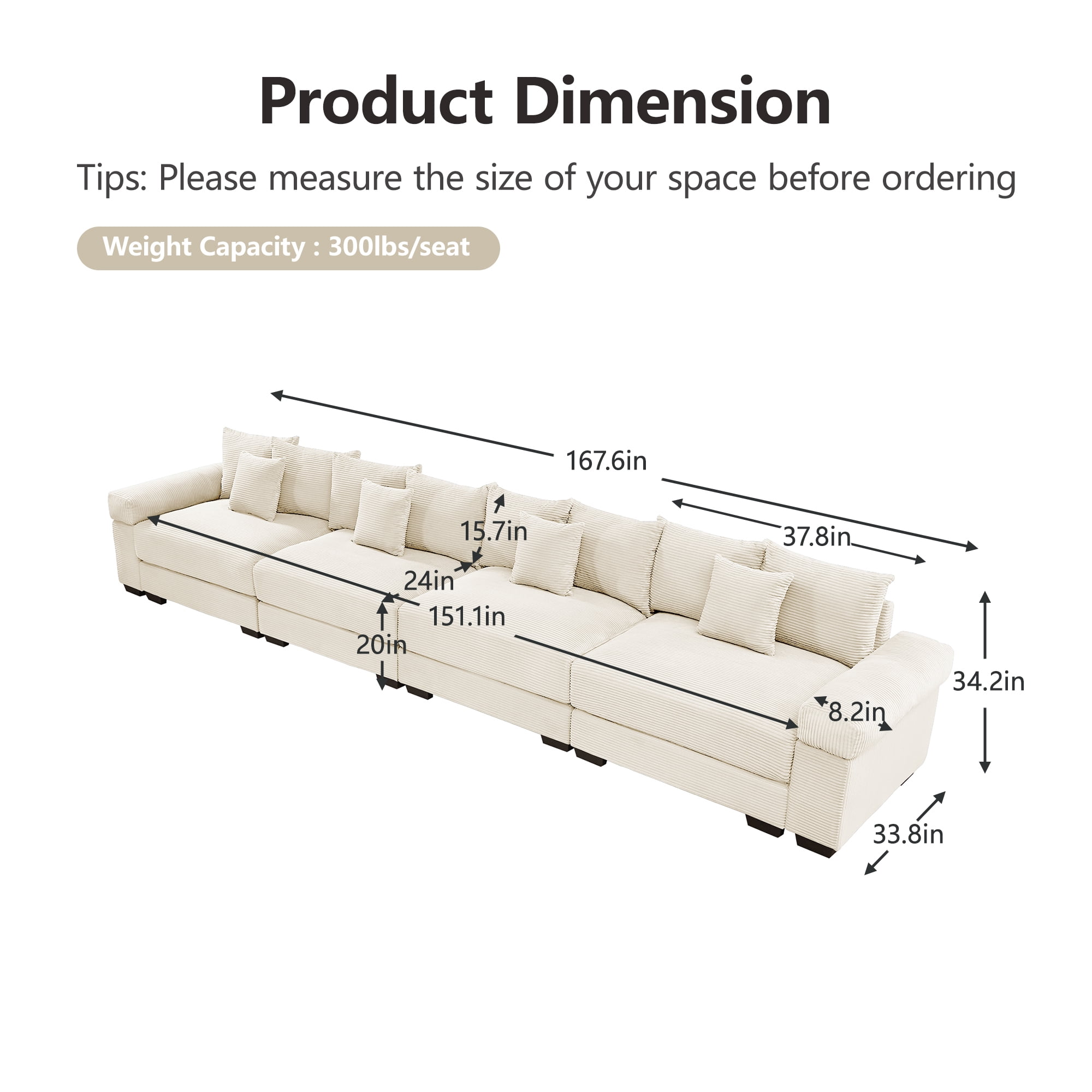 Anpport 170" Oversized Cloud Modular 4-Seater Beige Corduroy Sofa, 12 Throw Pillows Included, Washable Removable Covers, Double-Layer Thick Cushions, Wide Armrest