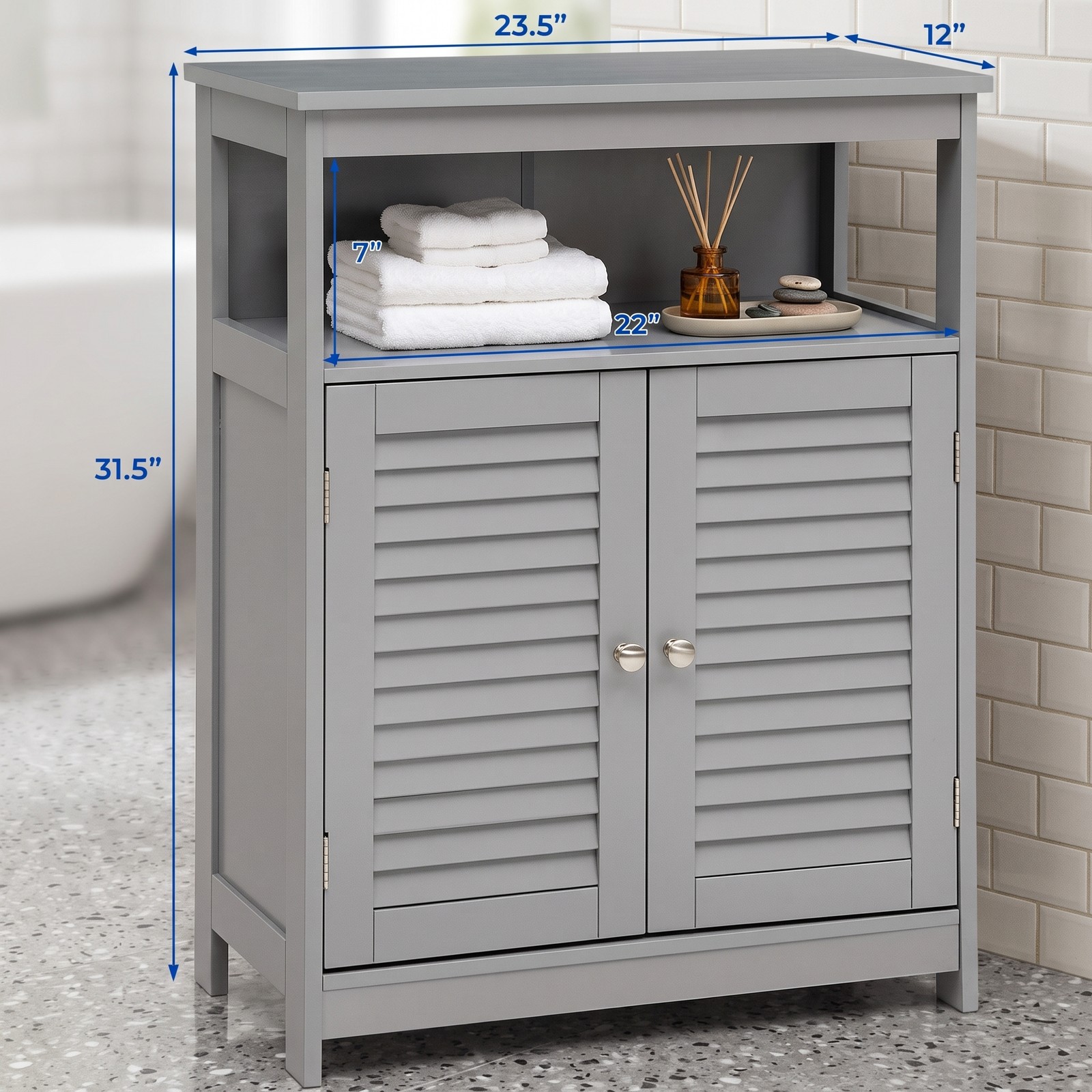 Fenbeli Wood Freestanding Bathroom Storage Cabinet with Double Shutter Doors, Adjustable Shelf, Anti-Tipping Floor Organizer for Bathroom Living Room Bedroom, Gray