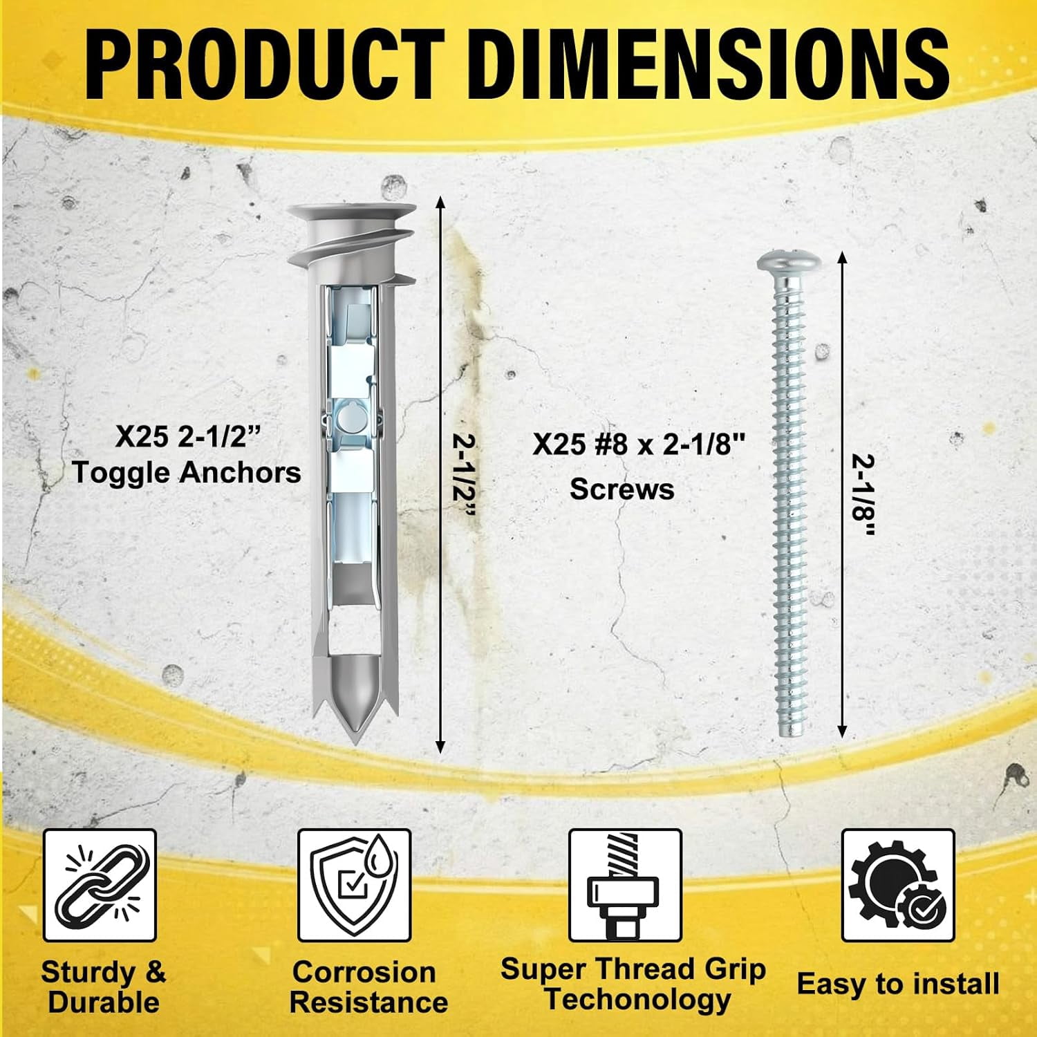 Self-Drilling Toggle Drywall Anchors and Screws Kit 25 Pack Heavy Duty Metal Anchors with #8 x 2-1/8 Inch Zinc Screws, Holds up to 100 Lbs, Drywall Toggle Bolts for Hollow Walls, Hanging