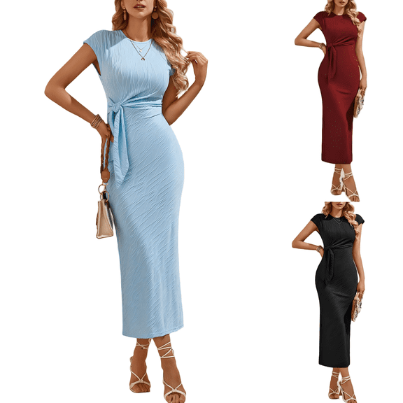Tqcoqu Women's Summer Short Sleeve Bodycon Midi Dresses Casual Crewneck Knit Wrap Tie Waist Long Dress,Black,Women's S-XXL