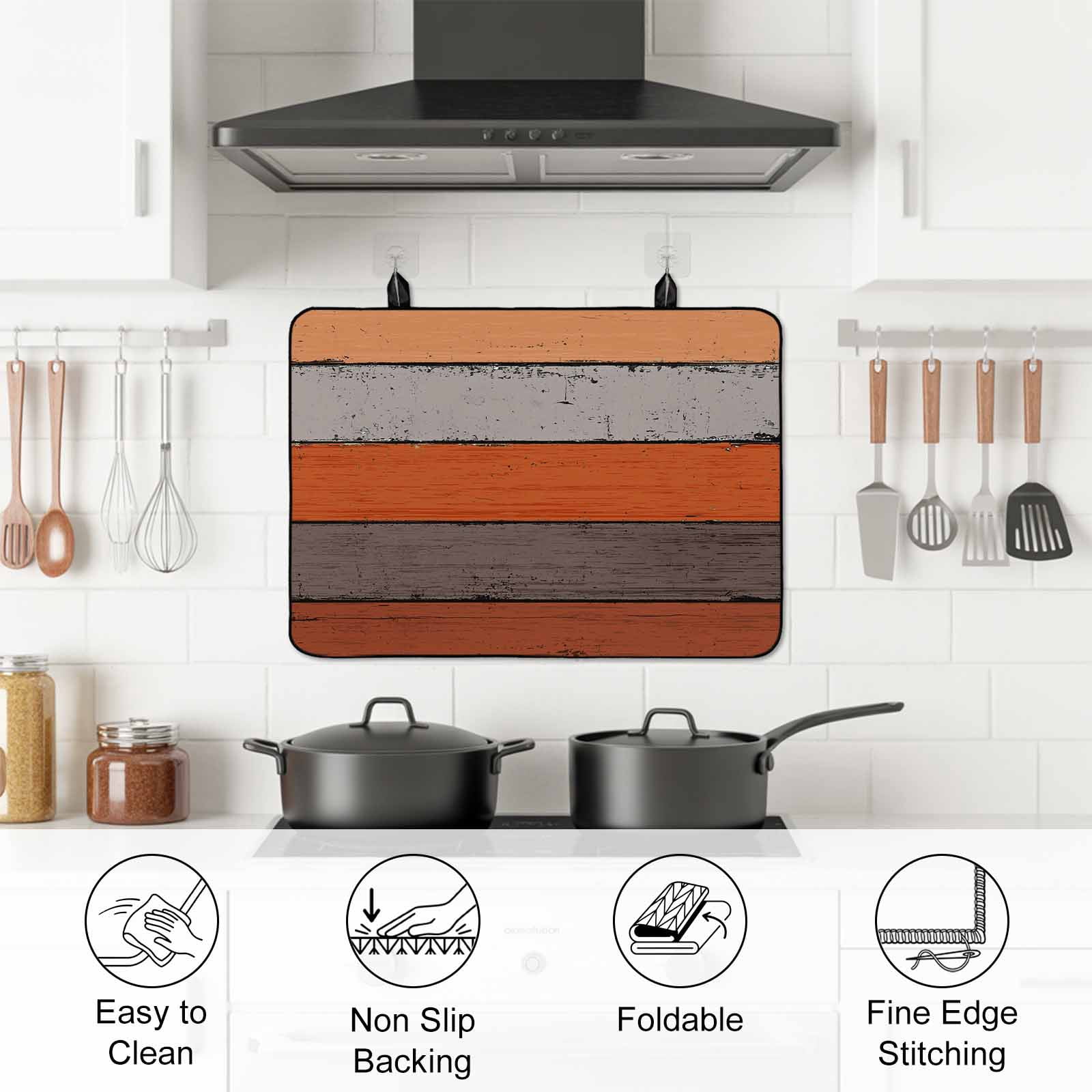 Orange Wooden Stove Top Cover for Electric Stove, Heat-proof & Non Slip Glass Top Stove Cover Protector, Grey Stripe Gradient Country Rustic Grain Kitchen Flat Cooktop Rubber Mat 28.5x20.5 Inches