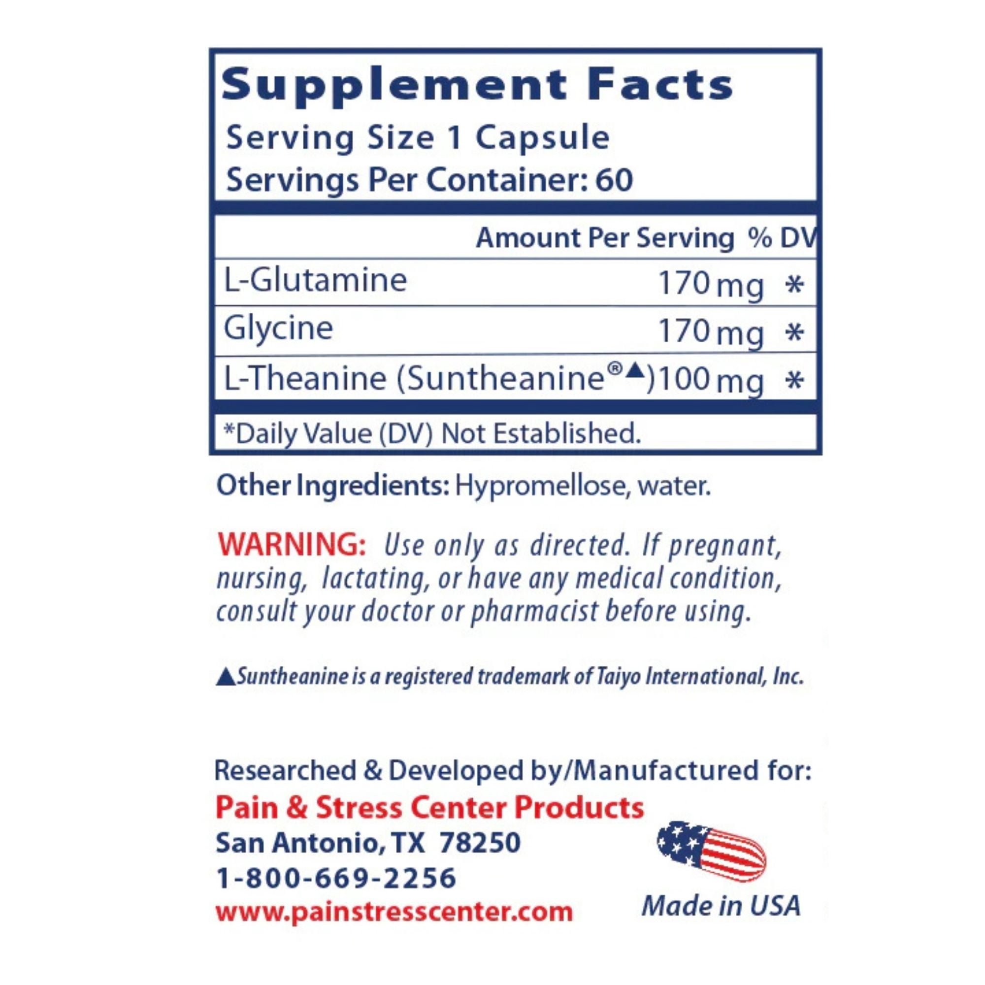 L-T® Complex L-Theanine 100 mg Stress Support Supplement with L-Glutamine and  Glycine, 60 Capsules