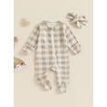thumbnail image 2 of Suealasg Baby Boy Girl Footies Jumpsuit 0 3 6 12 Months Newborn Crew Neck Long Sleeve Checkered Print Zip Up Full Length Jumpsuit +Headband Fall Clothes, 2 of 7