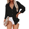 thumbnail image 3 of QUTETN Women's V Neck Button Shirt Long/Roll Up Sleeve Casual Collared Work Blouse Top, 3 of 4
