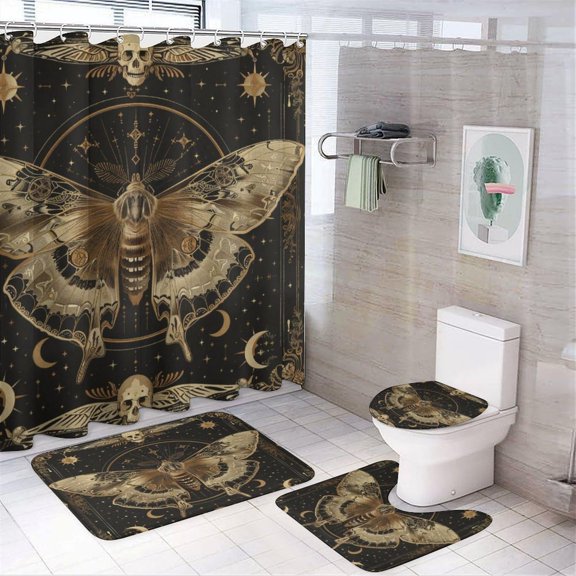 4Pcs Retro Star Moon Moth Shower Curtain Sets Bathroom Decor, Gothic Halloween Butterfly Scary Skull Shower Curtain with Non Slip Rug, Toilet Lid Cover, Bath Mat and 12 Hooks 72W x 72L