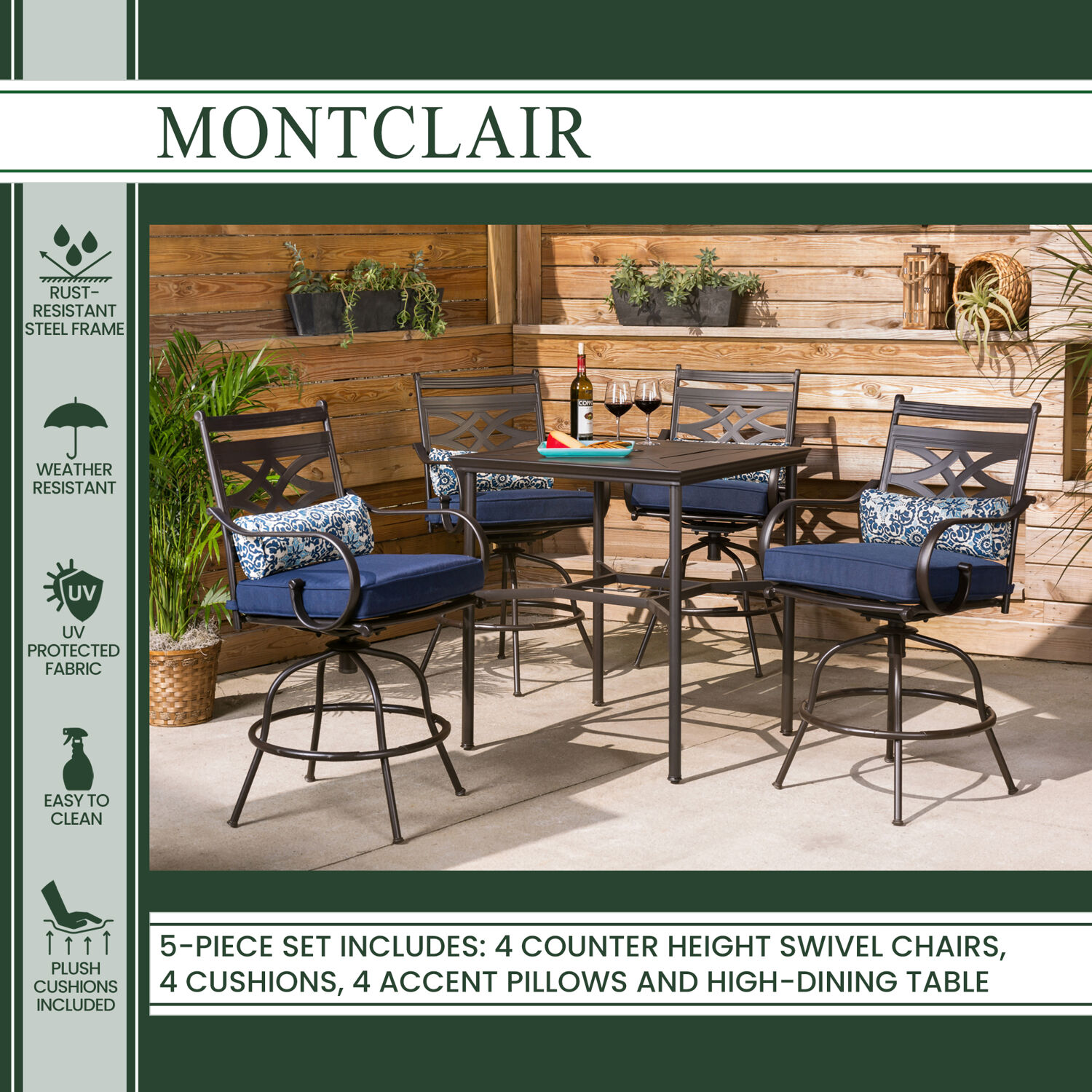 Hanover Montclair 5-Piece Steel Outdoor Counter-Height Dining Set with Chairs and Table, Seats 4 - image 5 of 12