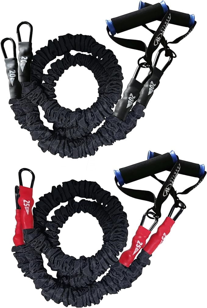 Valor Fitness Resistance Bands – Includes 2 Bands – 20 lb., 25 lb. – Carabiners Attached – 2 Handles per Band – Sheath Covered - Mobility Exercise Strength Training
