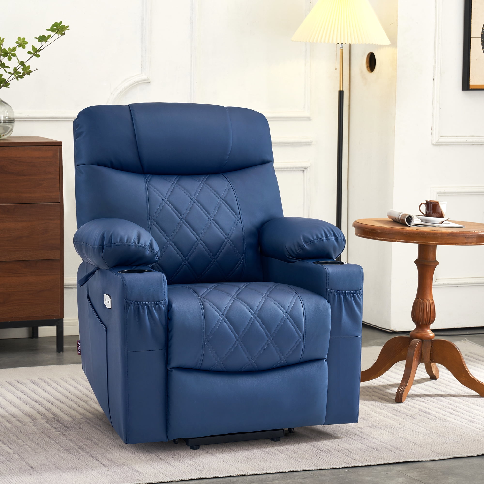 MCombo Small Size Electric Power Lift Recliner Chair Sofa with Massage and Dual Heating, Adjustable Headrest for Elderly People Petite, USB Ports, Extended Footrest, Faux Leather 7111 (Blue, Small)