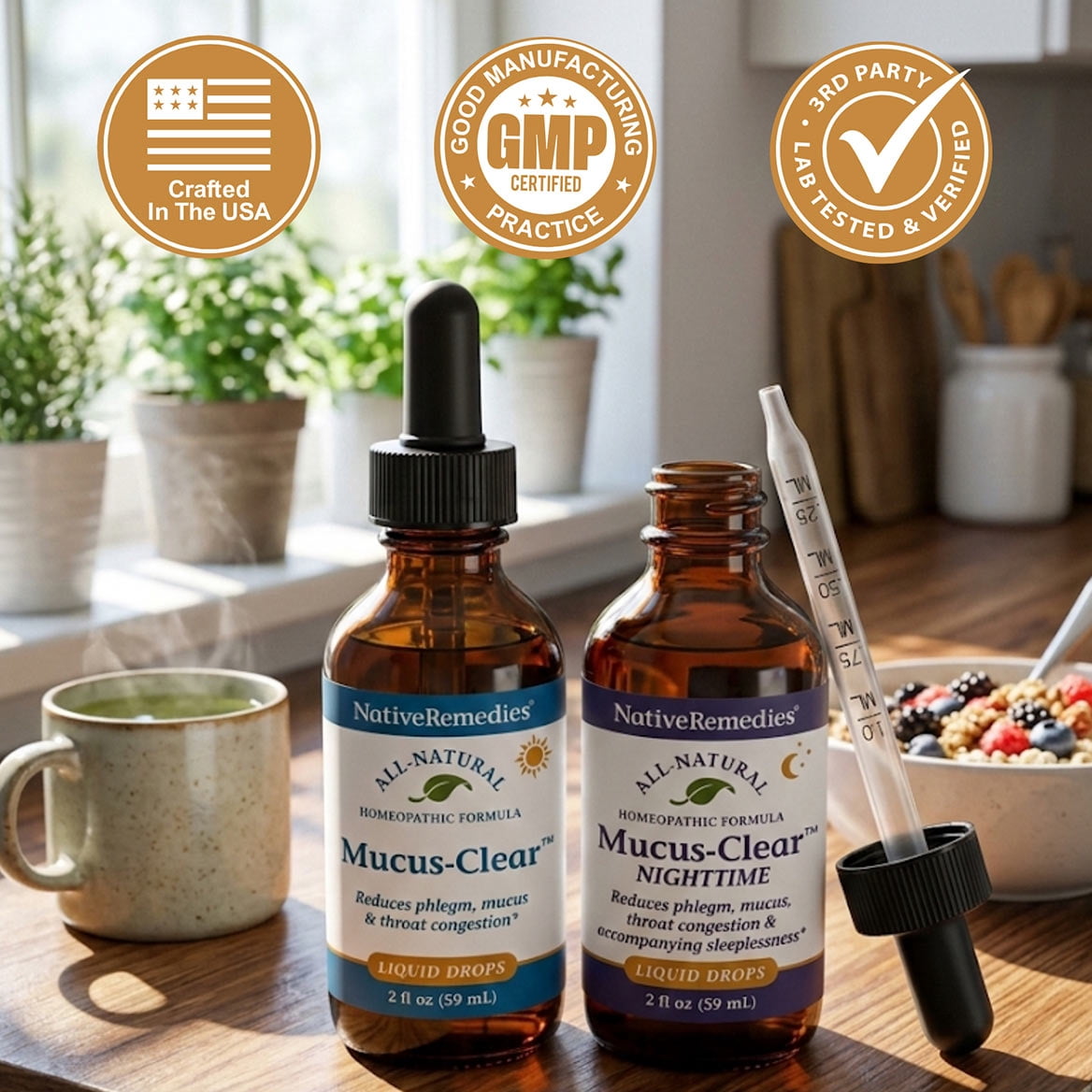 Native Remedies Mucus-Clear ComboPack - 24-Hour Day & Night Mucus Relief - Clears Throat Phlegm, Sinus Pressure & Respiratory Congestion - Fast Acting Lung Support - 4 Fl Oz, 2 Pack