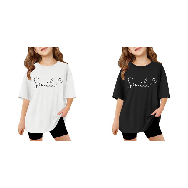 (2-Pack) Rinsvye Kids Short Sleeve Letter Design T Shirt Comfortable Tops And Girls Everyday Wear Durable Lightweight Apparel