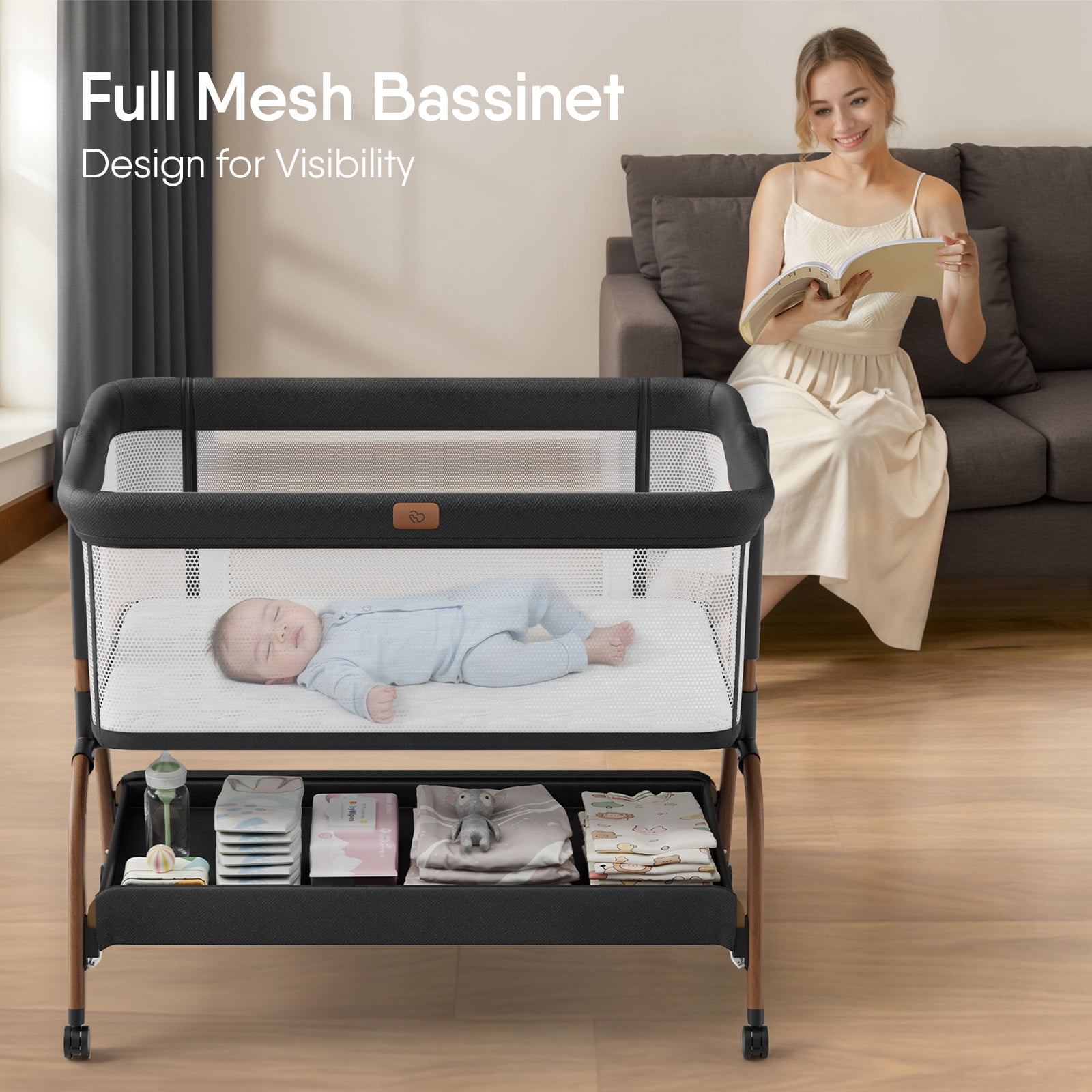 BabyBond Bassinet Bedside Crib, 3-in-1 Baby Bassinet Bedside Sleeper with Mattress and Soft, Breathable Sheet, Full-Mesh Sides, 6-Height Adjustable, Stable and Secure Crib for Newborns,Black