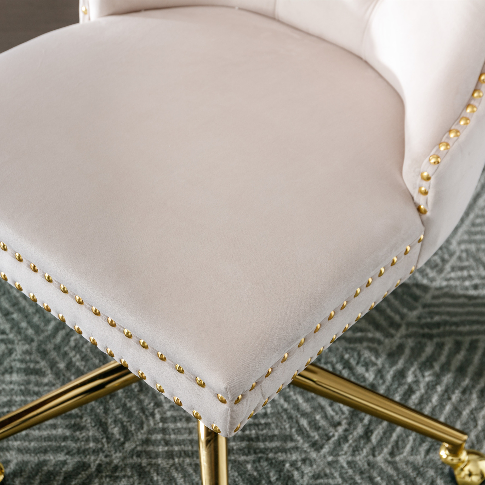 MAYEERTY Velvet Upholstered Office Chair - Tufted Buttons, Golden Metal Base, Adjustable Swivel, Beige