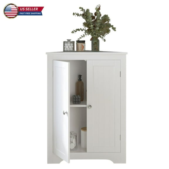 IVV White Corner Cabinet with 2 Doors and Adjustable Shelf, Modern Floor Standing Storage Cabinet for Bathroom, Living Room, Kitchen, Bedroom, Small Space