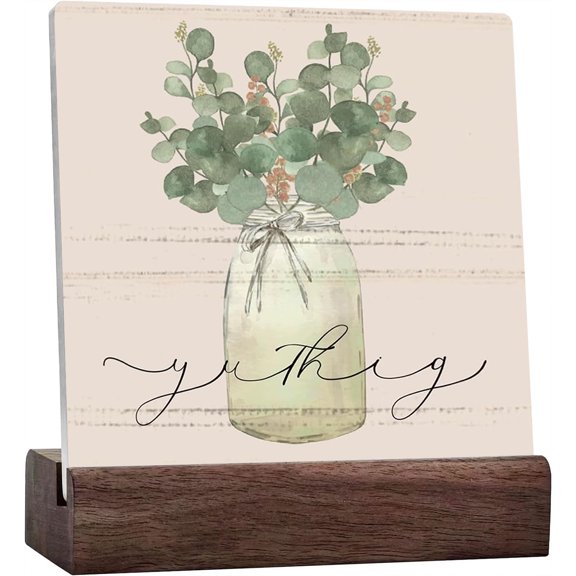 Ceramic Sign 4x4 Inch Summer Sage Green Decor Home Decor Eucalyptus Leaves Desk Sign Ceramic Plaque Table Decor For Home Living Room Bedroom Shelf Tabletop Decoration Gift For Women Men