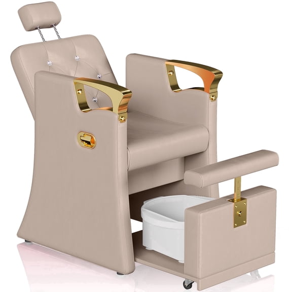 KIGOTY Reclining Pedicure Chair No Plumbing, Pedicure Station with Foot Bath & Hidden Platform, Adjustable Nail Salon Chair for Manicure Pedicure，Gray-Gold