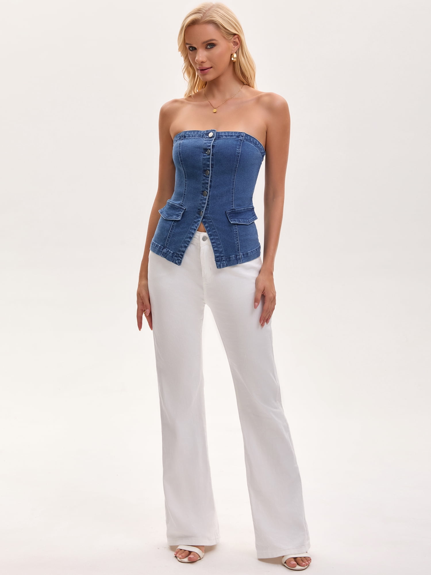 DARING DIVA Women's Denim Tube Tops Button Front Elastic Back Crop Strapless S Blue