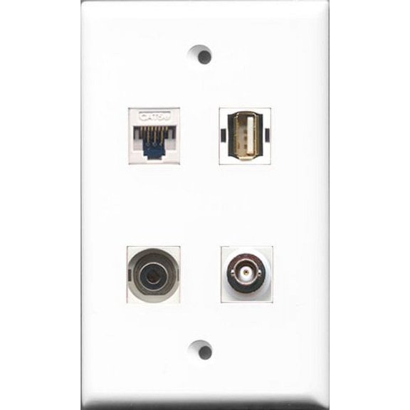 RiteAV 1 Port USB A-A and 1 Port 3.5mm and 1 Port BNC and 1 Port Cat5e Ethernet White Wall Plate
