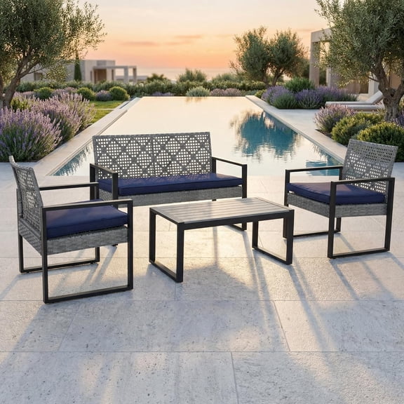 Outdoor Patio Furniture Set, 4 Piece Rattan Chairs with Coffe Table for Backyard, Balcony, Deck, Front Porch, Patio Conversation Seating Sets for Outside, Juego Muebles de Exterior