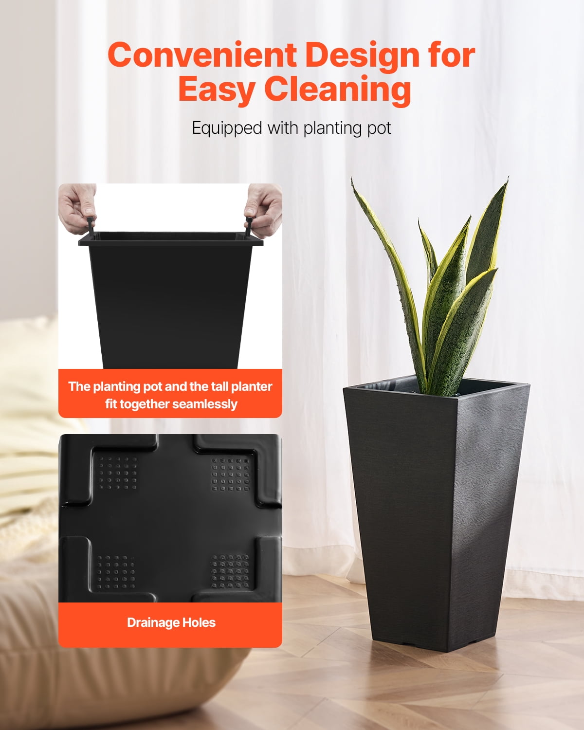 VEVOR Set of 2 Tall Outdoor Planters 22inch, Large Planters For Outdoor Indoor Plants, Black Tapered Square Front Porch Planters Flower Tree Plant Pots with Modern Design and Built-in Drainage