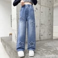 thumbnail image 5 of TOWED22 Toddler Little Girls Embroidery Barrel Jeans Kids Casual Denim Joggers Soft Relax Fit Ankle Length Trousers Blue,8-9 Y, 5 of 8