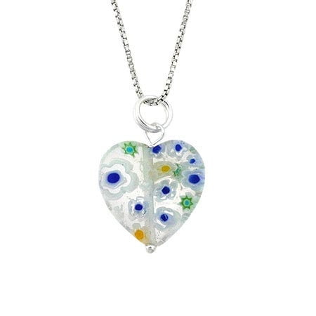Murano Millefiori Flower Ring - Summer Murano Glass Sterling Silver Bead Spring Green Millefiori Flower Heart Pendant