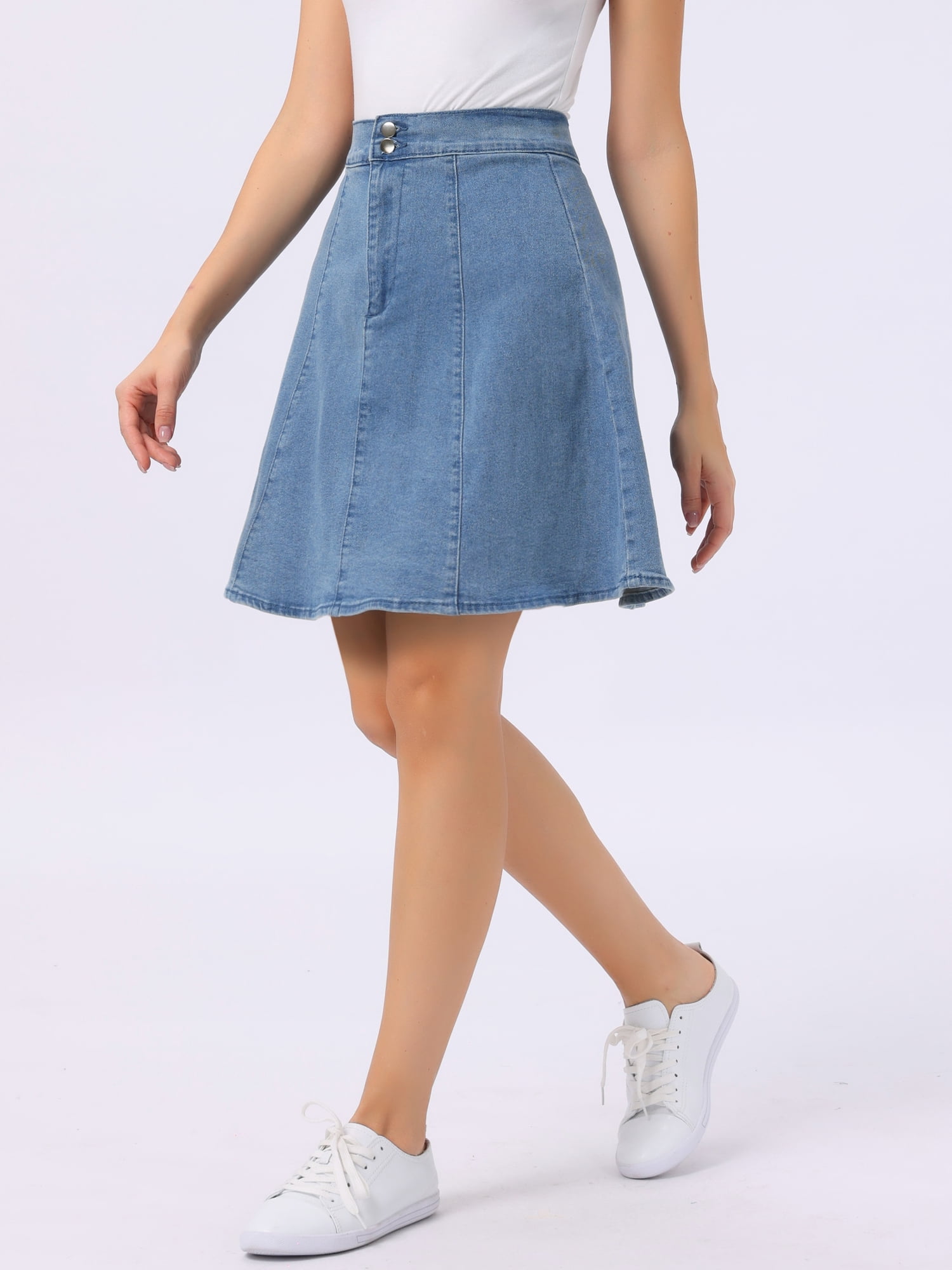 DARING DIVA Women's High Waist Stretch Knee Length Flared Jean Skirts M Blue