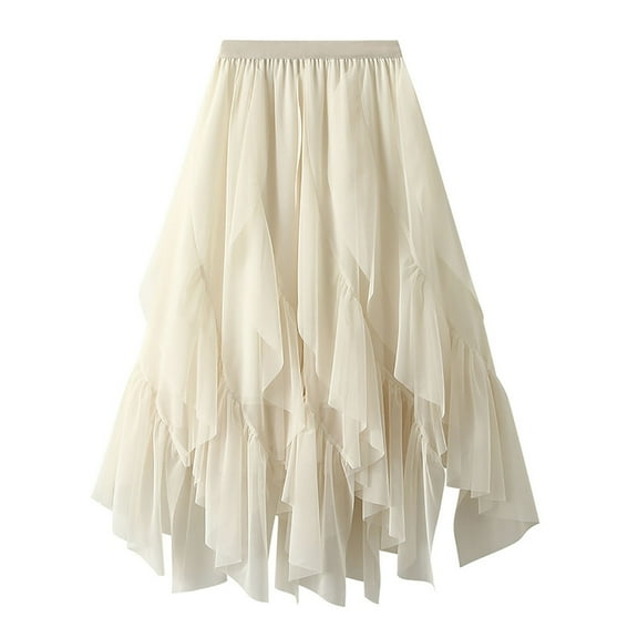 Homenesgenics Skirt for Women Clearance under $5.00 Women's Solid Color Irregular Mesh Skirt Ruffled High Waist Prom Skirt Beige One Size