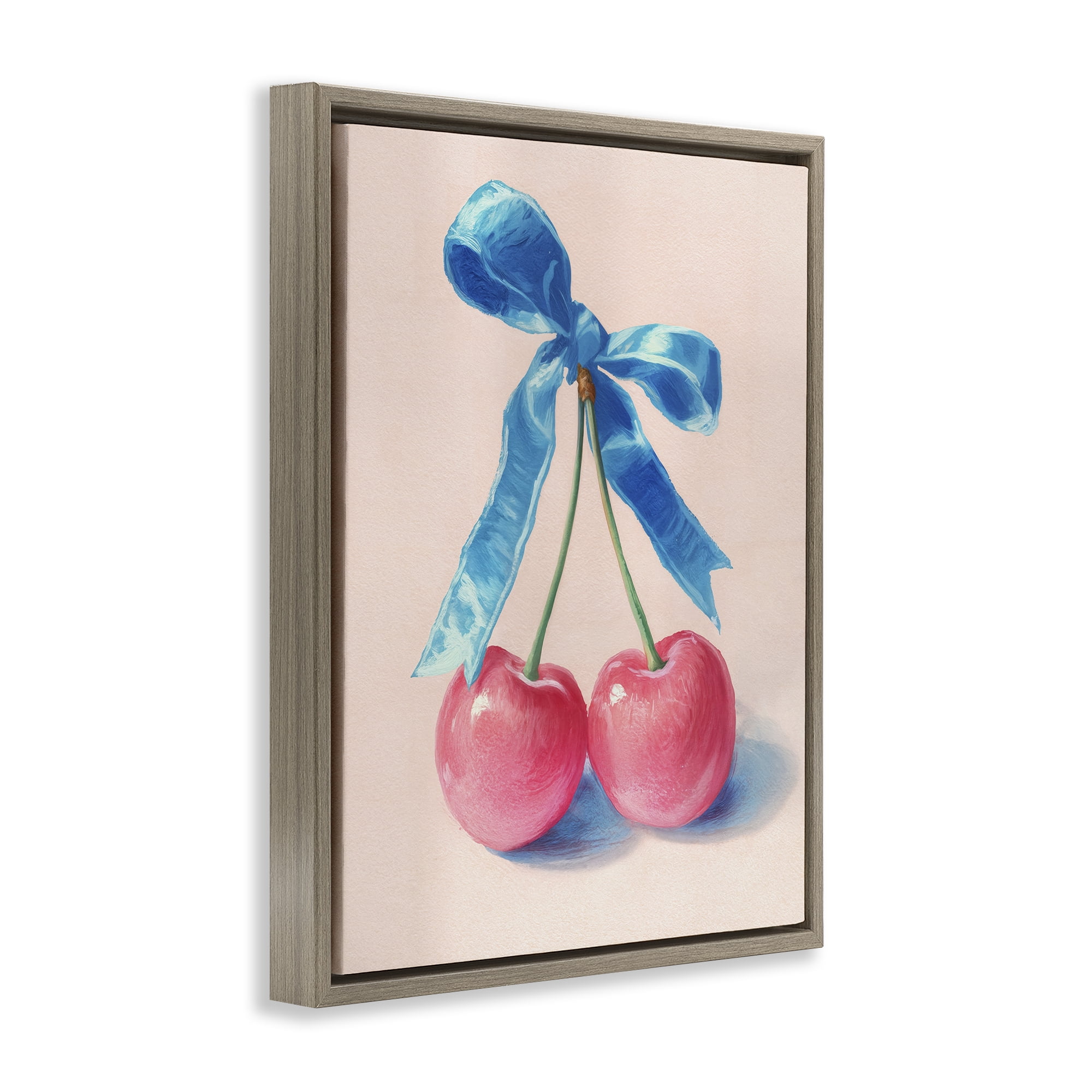 Stupell Industries Twin Cherries with Blue Ribbon Brown Framed Floater Canvas Wall Art, design by Imagine It Images