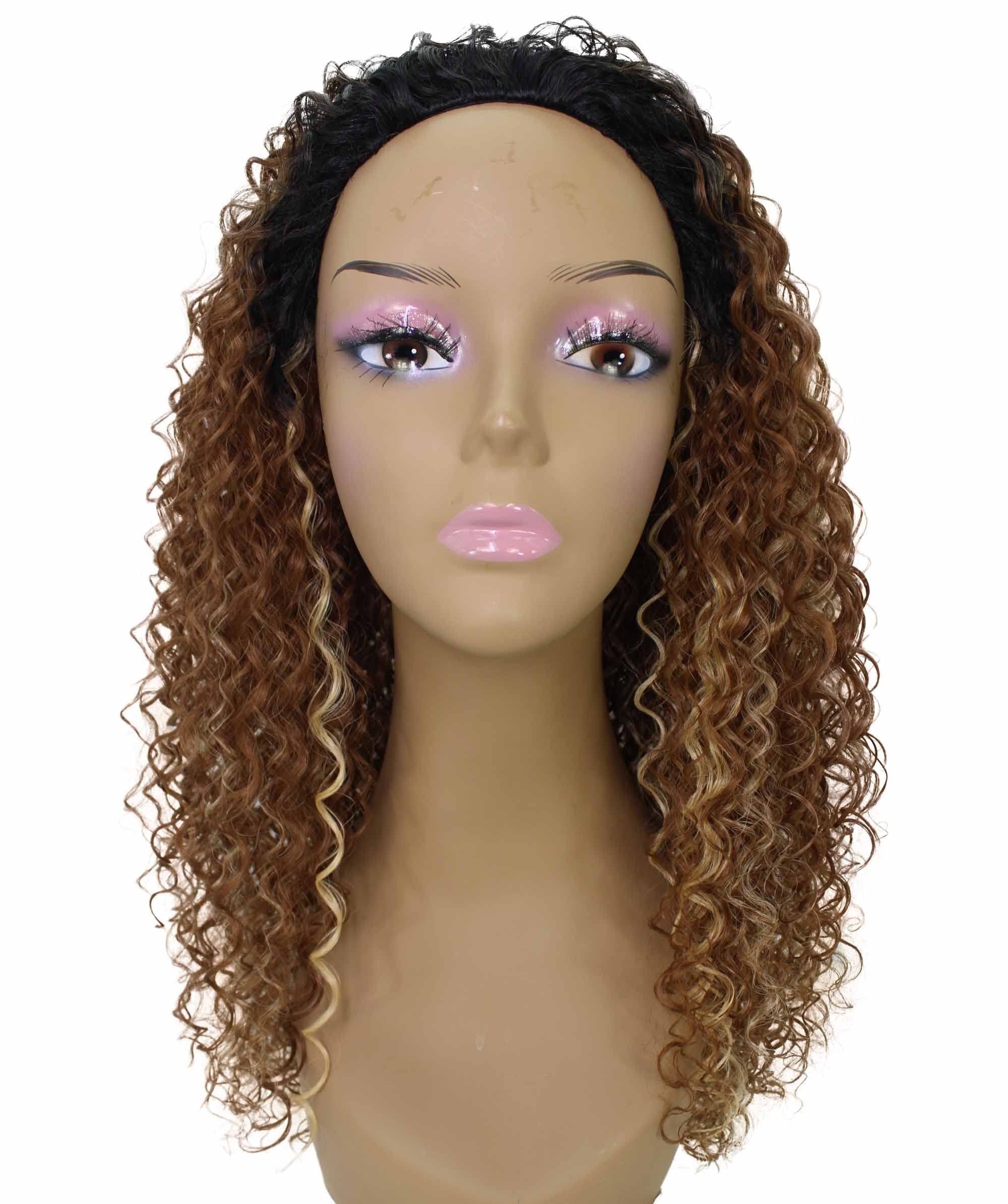 LUXLUXE Isadora Curly Body Waves 22.5 in Long Half Wig Half Cap Wig, Mix Human Hair and Synthetic Fibers, Copper Blonde to Black Blend