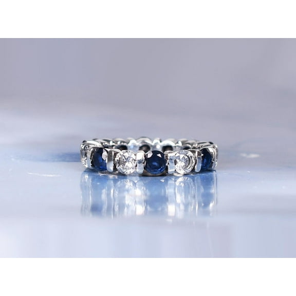 Blue Sapphire & Moissanite Full Eternity Wedding Band Ring Anniversary Gift For her Women Silver
