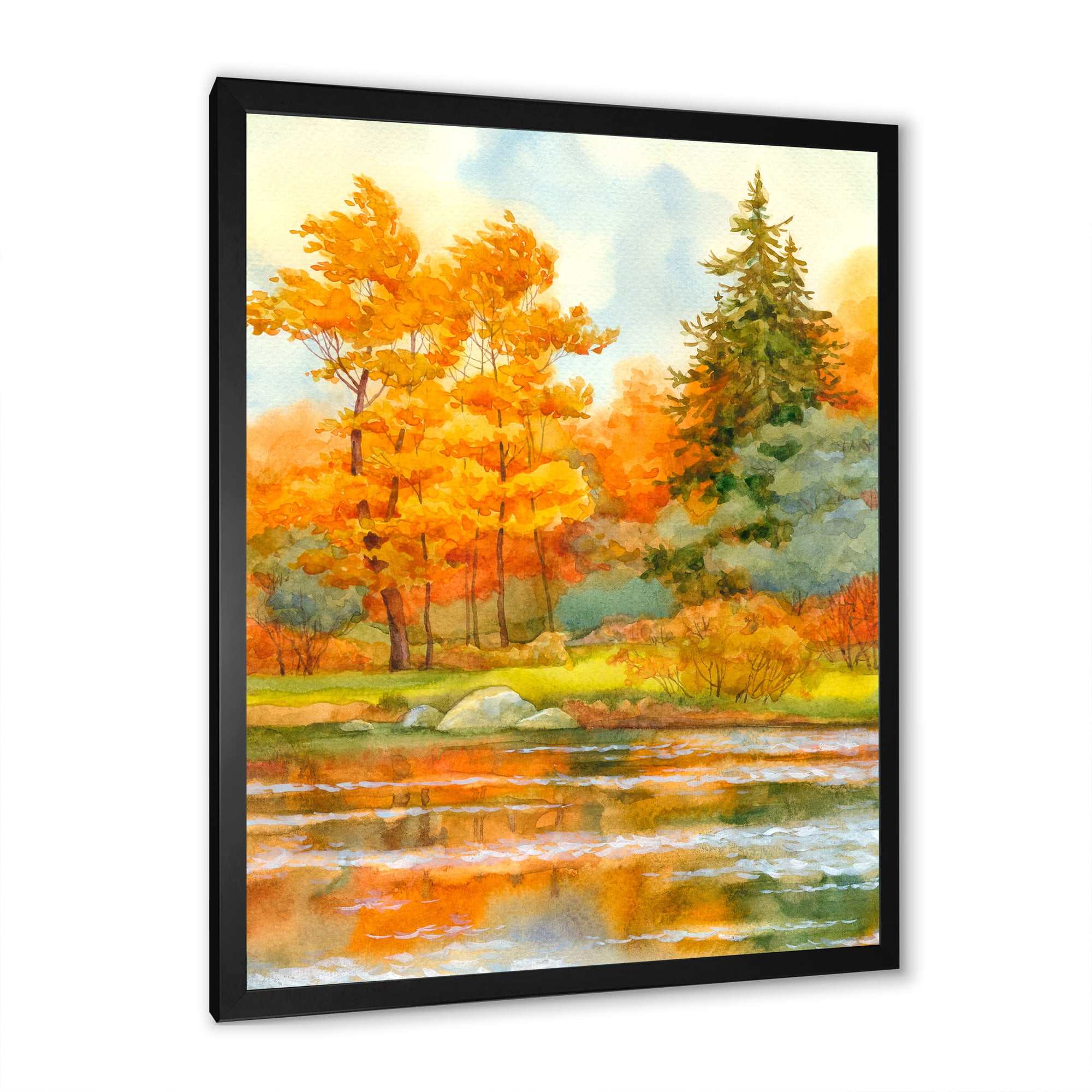 Designart 'Autumn Forest By The Lake Side IV' Lake House Framed Art Print
