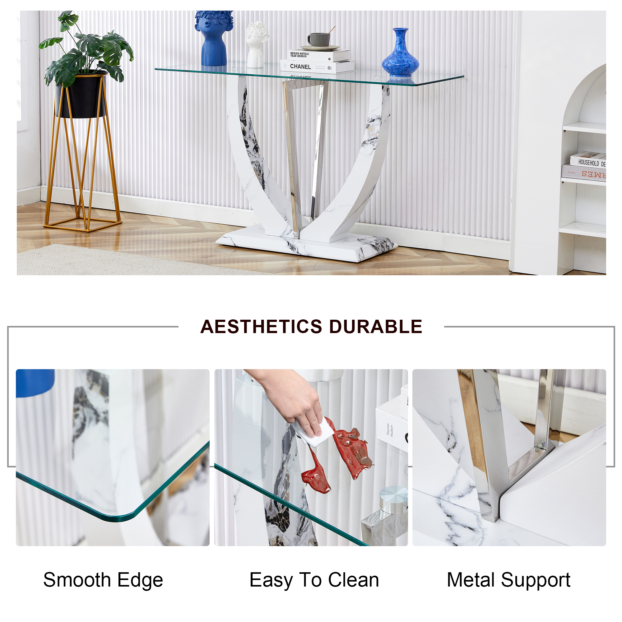 Modern Entryway Table, Glass Entrance Sofa Table with Oval Frames and White Marbling MDF Base, Tempered Glass Console Table for Living Room, Entryway, Hallway, Bedroom (White Marbling, Clear Glass)