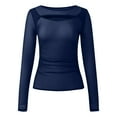 thumbnail image 4 of Lace Mesh Sheer Long Sleeve Tops for Women Crew Neck Cut Out Front Side Ruched Asymmetrical Hem Party Clubwear Fitted Tight T Shirts Blouses Blue M, 4 of 5