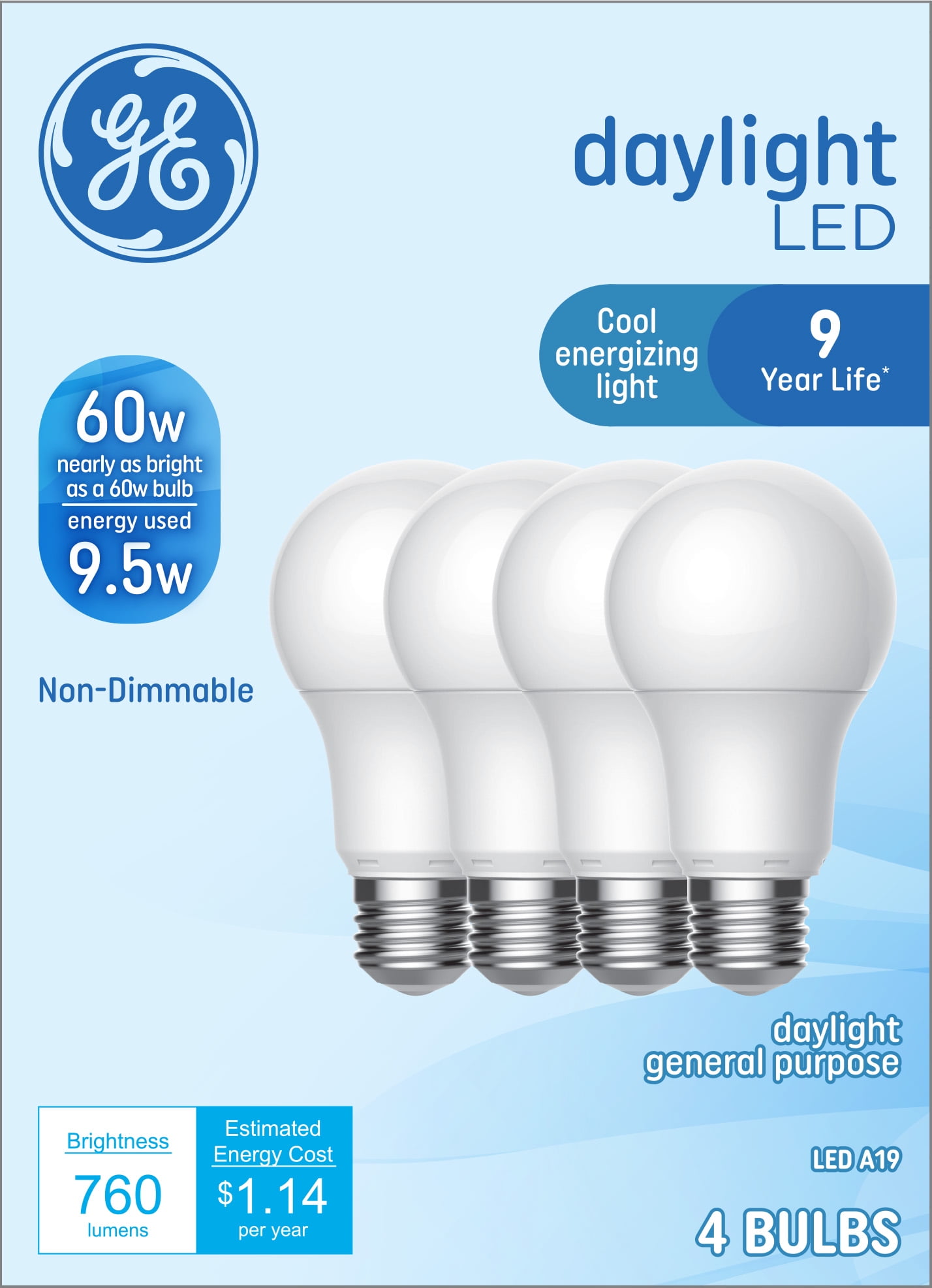 GE Daylight LED Light Bulbs, 60 Watt Eqv, A19 General Purpose, 9 year, 4pk