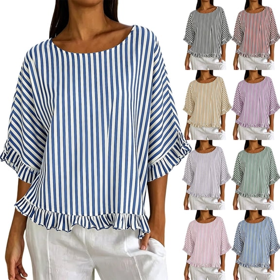 Miluxas Womens Striped Shirts Batwing Half Sleeve Round Neck Loose Tunic Shirts Cute Ruffle Trim Beach Vacation Outfits for Casual Summer White