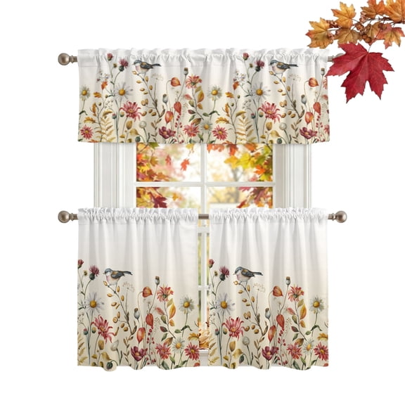 Red Wildflowers Kitchen Curtains Sets 24 Inch Length Tier Curtain, Autumn Country Floral Bird Rustic Rod Pocket Window Treatments, Window Valance Curtains for Bathroom/Bedroom/Cafe 3 Panels