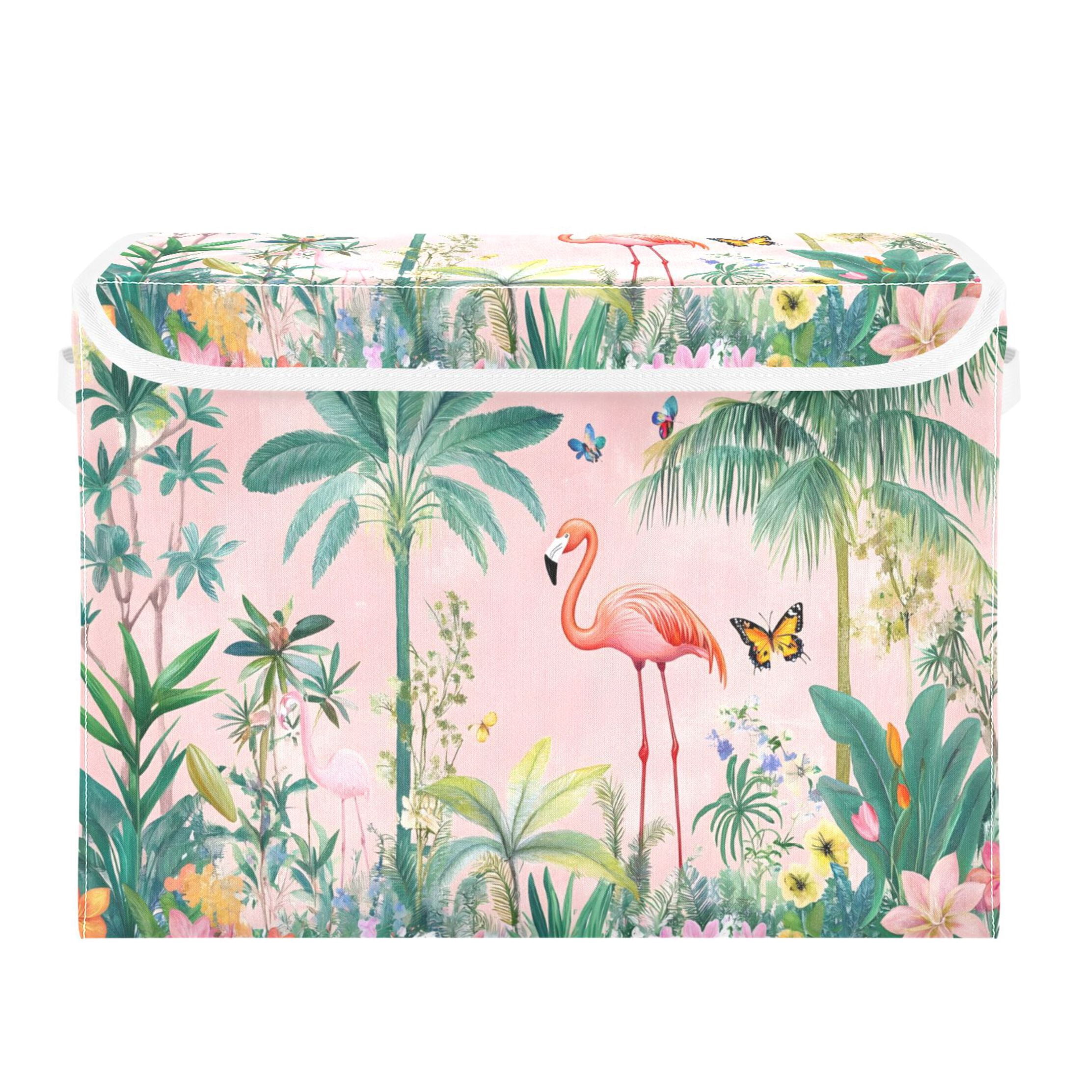 Ryvnso Tropical Flamingo Butterfly Large Lidded Foldable Storage Baskets Cubes Boxes Lids Bin for Home