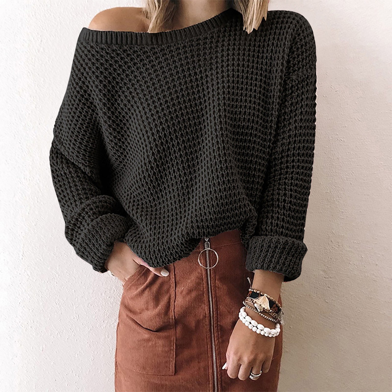 Qertyioot Femmes Hiver Tops Mode Femmes Solide à Manches Longues Pull Digaonl Col Pull Casual