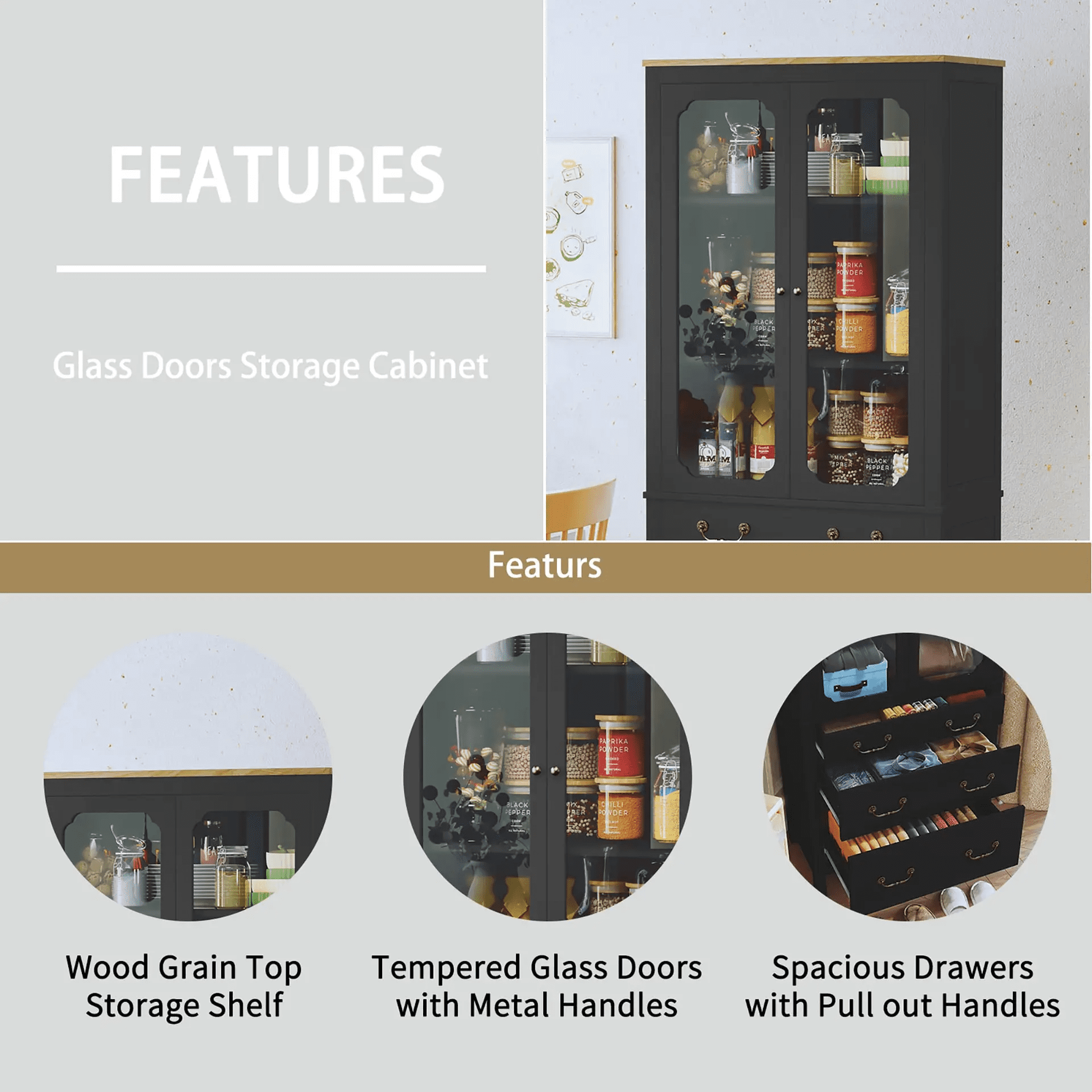Kitchen Pantry Cabinet, Freestanding Tall Storage Cabinet, Utility Cupboard, Pantry Cabinet with Tempered Glass Doors and Adjustable Shelves for Kitchen, Living Room, Dining Room