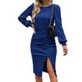thumbnail image 2 of Women Waist Tightening Dress, Women Dress Bodycon Breathable Comfortable Lantern Sleeves Casual  For Work ANGGREK Azul S, 2 of 5
