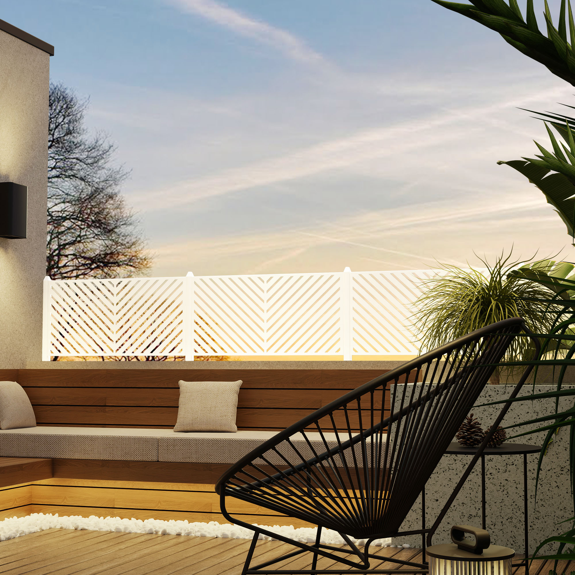 MAYEERTY 72*47" Outdoor White Metal Privacy Panel Screen for Patio, Parallel Line Pattern