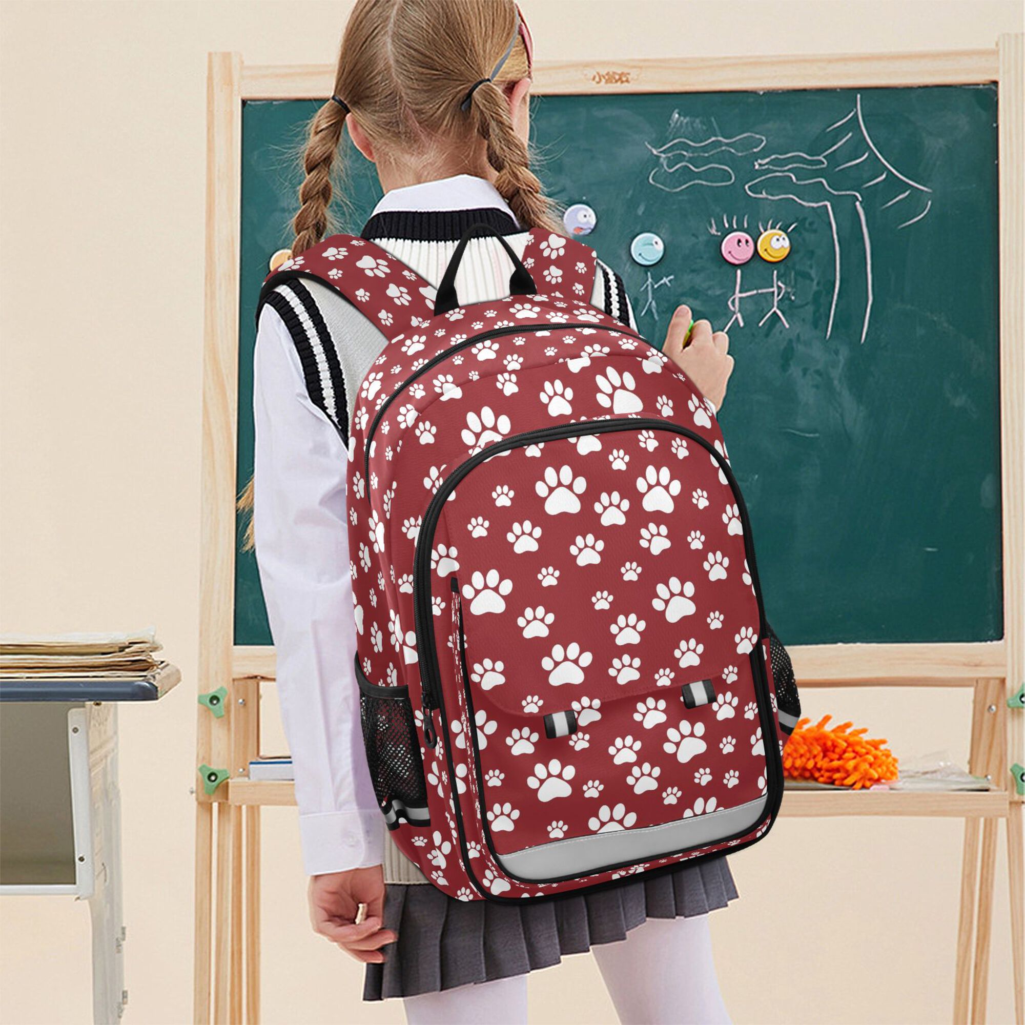 Mochila para niños para la escuela unisex 17" casual con compartimentos, estampado rojo de patitas de dibujos animados 7
