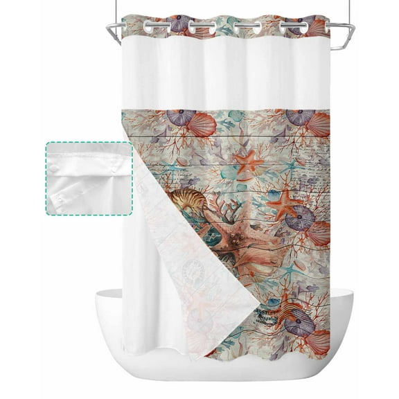 No Hook Shower Curtain with Snap in Liner, Vintage Beige Wood Grain with Ocean Starfish and Coral Hotel Shower Curtains for Bathroom, Washable Shower Curtain Liner Set with Mesh Top Window, 36"x72"
